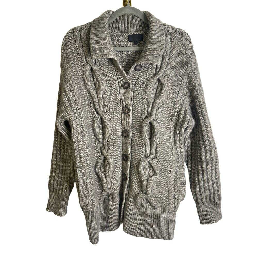 Intermix Wool Blend Chunky Cable Knit Cardigan Sweater Beige Gray Petite Size S